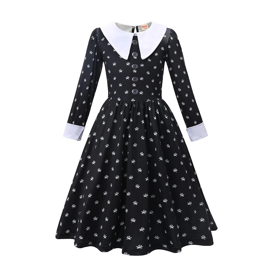 Black Mesh Fluffy Gothic Dress for Girls - Wednesday Costume for Halloween and Dress-Up Parties