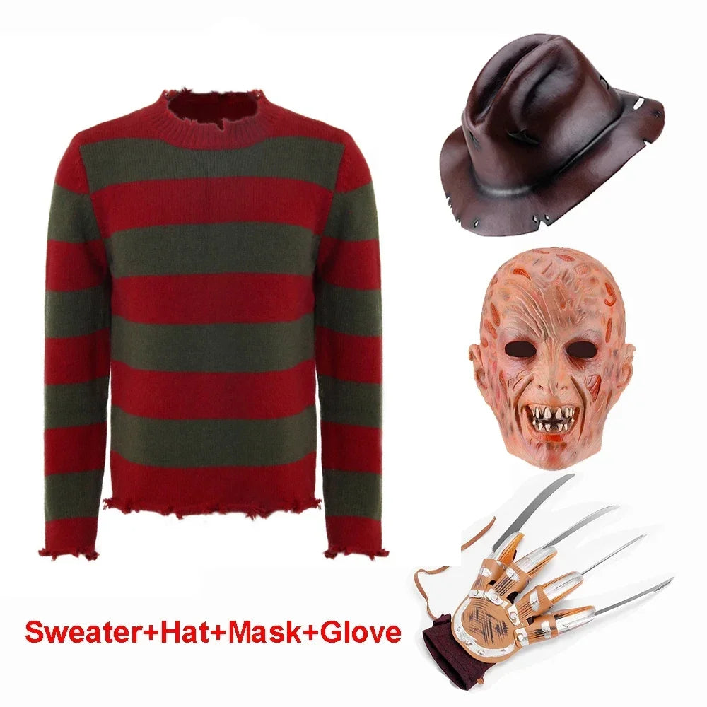 Freddy Krueger Costume for Adults – Red Striped Sweater, Hat & Mask Halloween Cosplay