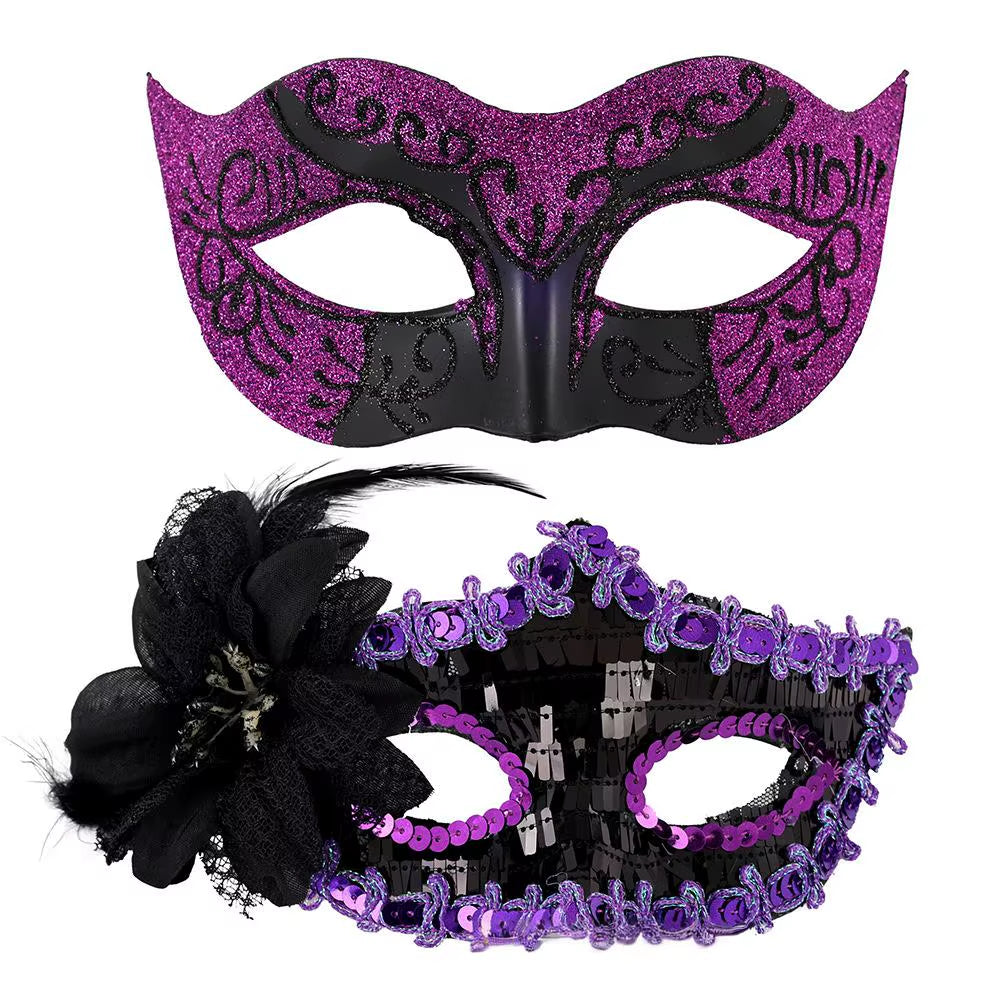 Elegant Feather Embroidered Venetian Couple Masks for Masquerade Parties - Adjustable Luxury Carnival & Wedding Costume Pair