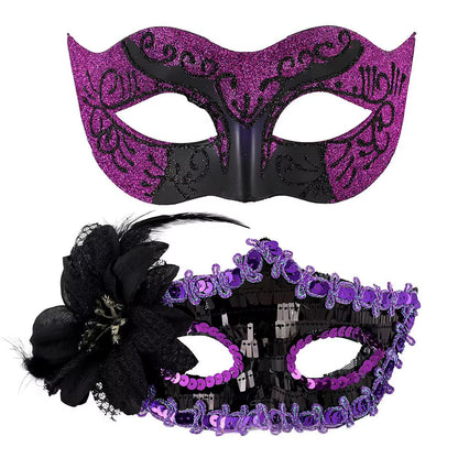 Elegant Feather Embroidered Venetian Couple Masks for Masquerade Parties - Adjustable Luxury Carnival & Wedding Costume Pair