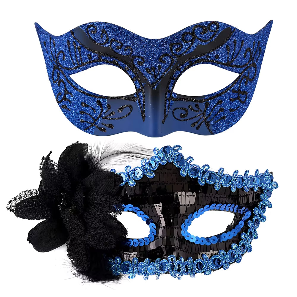 Elegant Feather Embroidered Venetian Couple Masks for Masquerade Parties - Adjustable Luxury Carnival & Wedding Costume Pair