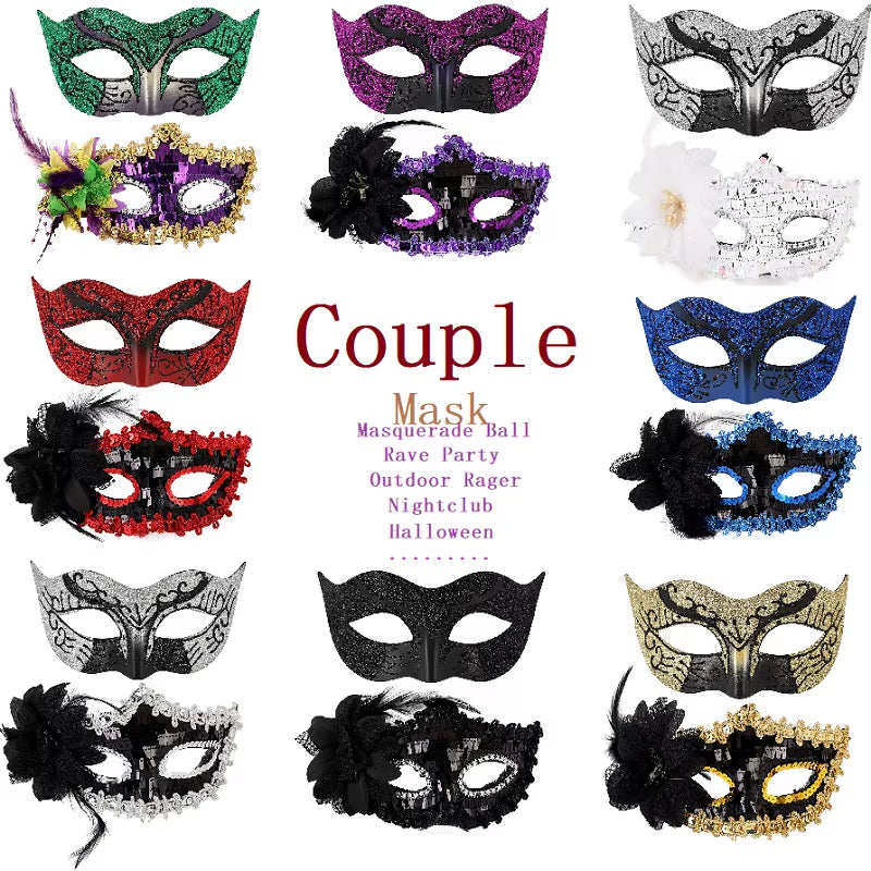 Elegant Feather Embroidered Venetian Couple Masks for Masquerade Parties - Adjustable Luxury Carnival & Wedding Costume Pair