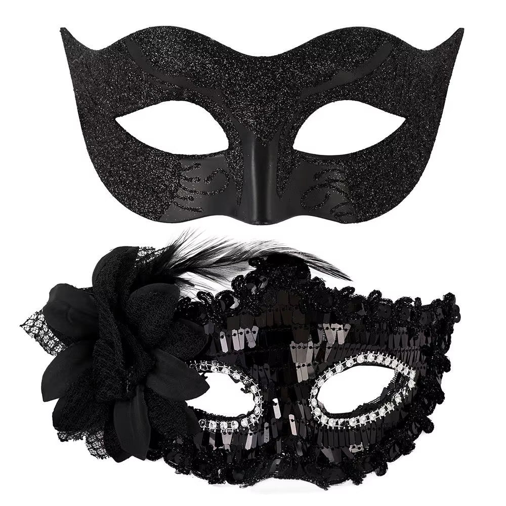 Elegant Feather Embroidered Venetian Couple Masks for Masquerade Parties - Adjustable Luxury Carnival & Wedding Costume Pair