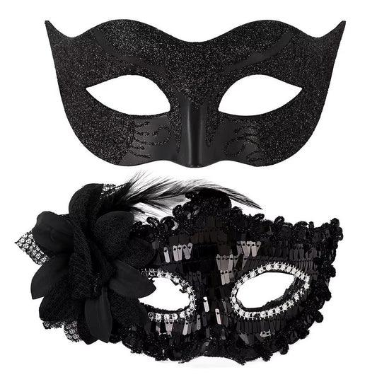 Elegant Feather Embroidered Venetian Couple Masks for Masquerade Parties - Adjustable Luxury Carnival & Wedding Costume Pair