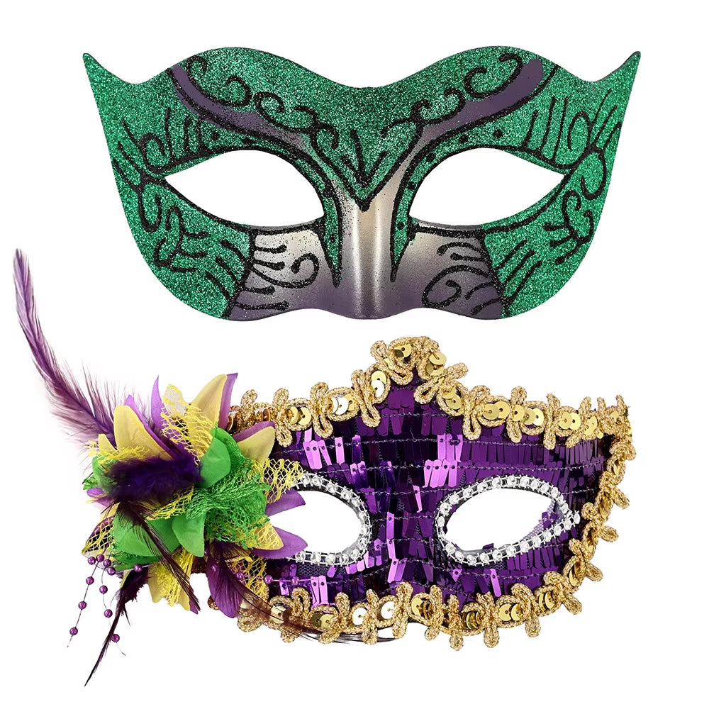 Elegant Feather Embroidered Venetian Couple Masks for Masquerade Parties - Adjustable Luxury Carnival & Wedding Costume Pair