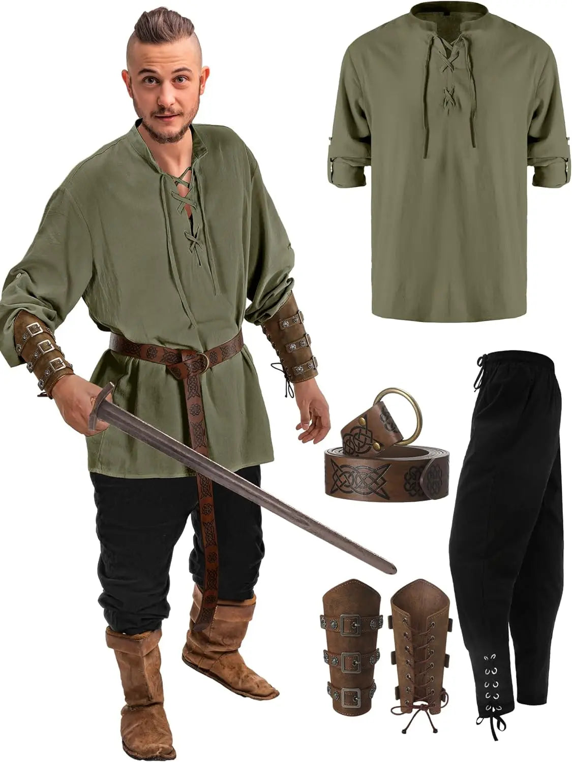 Men’s Viking Costume Set – 4 Pcs Medieval Warrior Outfit with Shirt, Pants & Belt Accessories