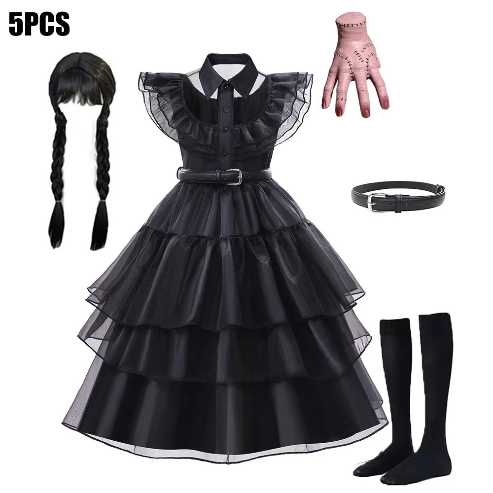 Black Mesh Fluffy Gothic Dress for Girls - Wednesday Costume for Halloween and Dress-Up Parties