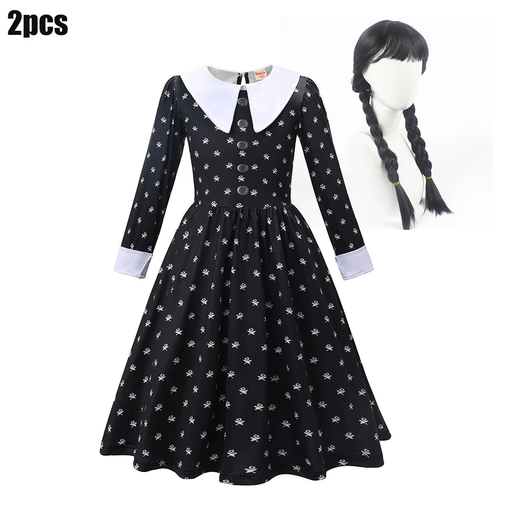 Black Mesh Fluffy Gothic Dress for Girls - Wednesday Costume for Halloween and Dress-Up Parties