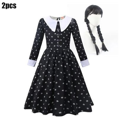 Black Mesh Fluffy Gothic Dress for Girls - Wednesday Costume for Halloween and Dress-Up Parties