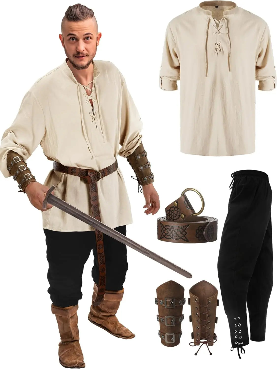 Men’s Viking Costume Set – 4 Pcs Medieval Warrior Outfit with Shirt, Pants & Belt Accessories