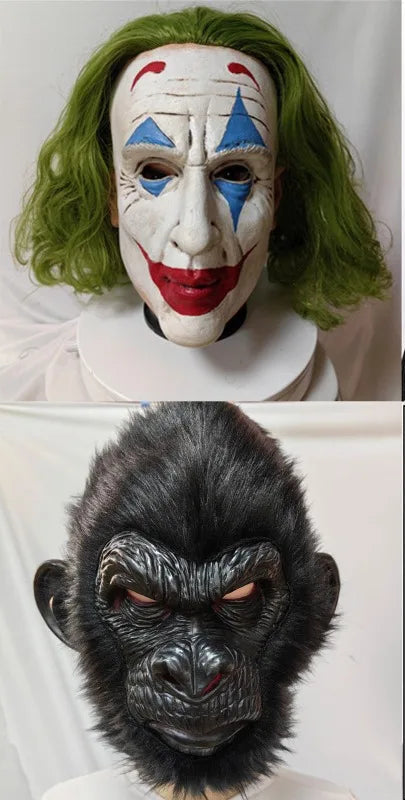 Joker Clown Mask & Scary Gorilla Latex Mask – Halloween Horror Cosplay for Adults & Kids