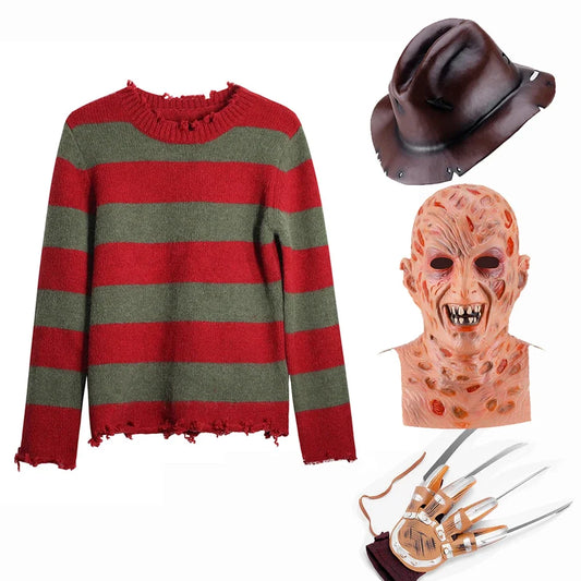 Freddy Krueger Costume for Adults – Red Striped Sweater, Hat & Mask Halloween Cosplay