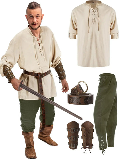 Men’s Viking Costume Set – 4 Pcs Medieval Warrior Outfit with Shirt, Pants & Belt Accessories