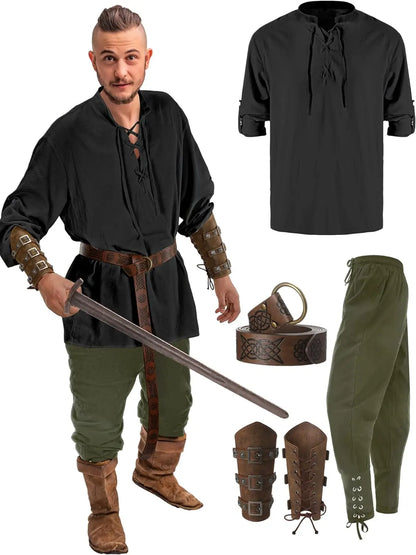 Men’s Viking Costume Set – 4 Pcs Medieval Warrior Outfit with Shirt, Pants & Belt Accessories