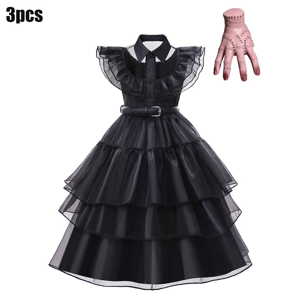 Black Mesh Fluffy Gothic Dress for Girls - Wednesday Costume for Halloween and Dress-Up Parties