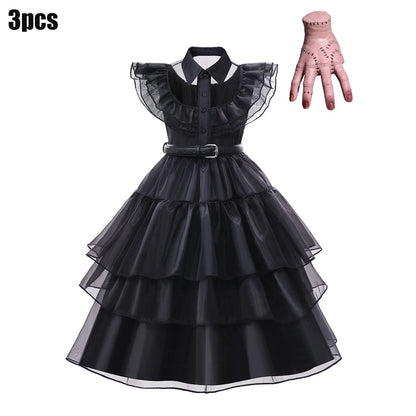 Black Mesh Fluffy Gothic Dress for Girls - Wednesday Costume for Halloween and Dress-Up Parties
