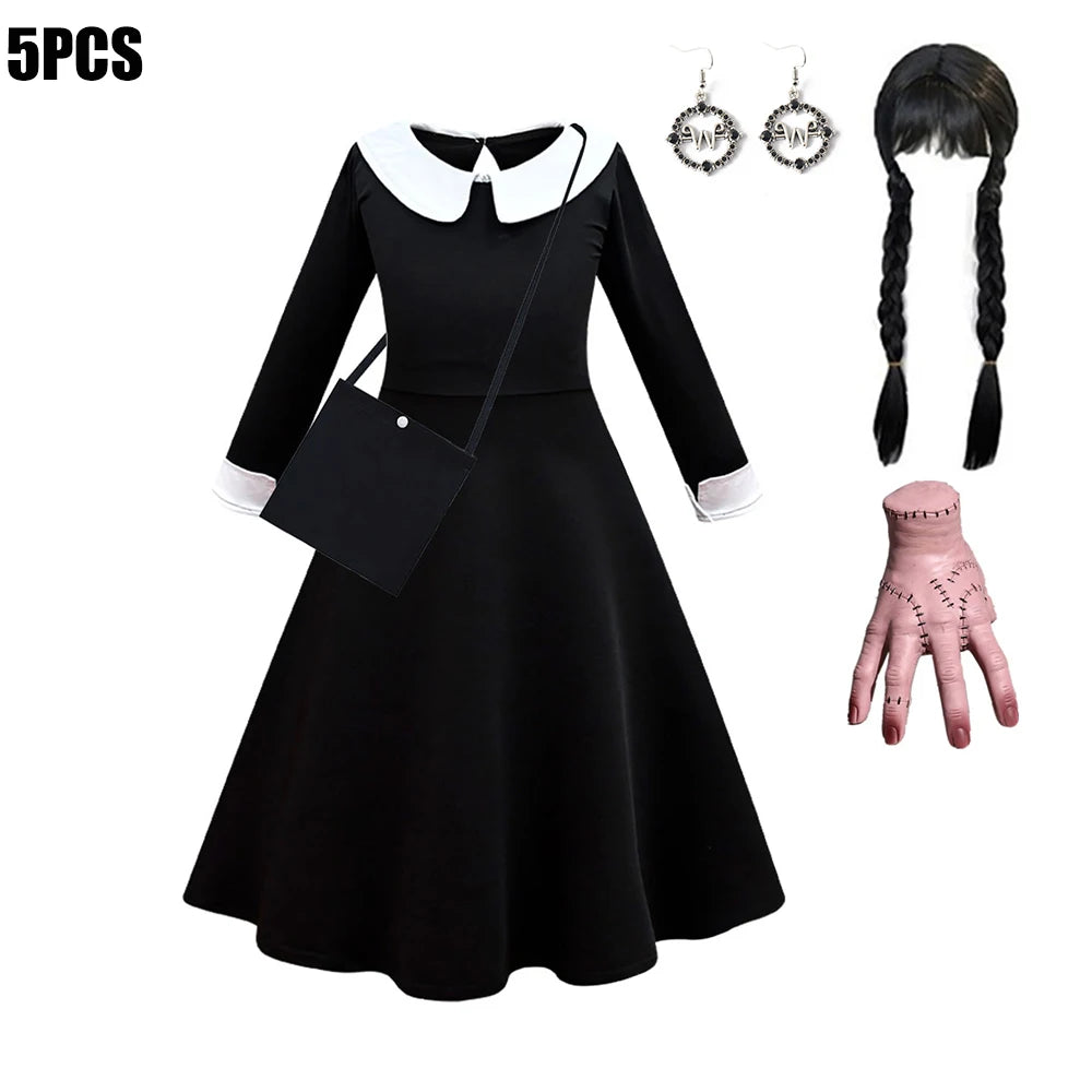 Black Mesh Fluffy Gothic Dress for Girls - Wednesday Costume for Halloween and Dress-Up Parties