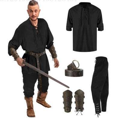 Men’s Viking Costume Set – 4 Pcs Medieval Warrior Outfit with Shirt, Pants & Belt Accessories