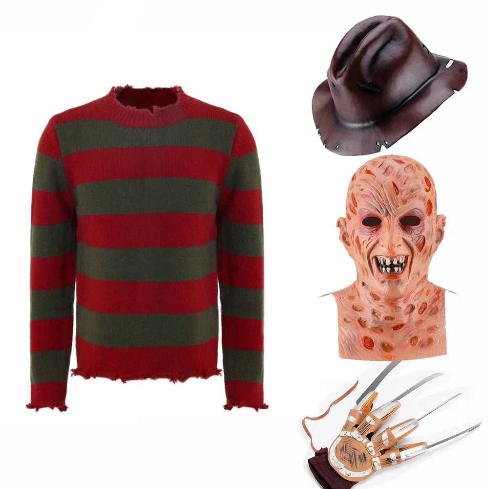 Freddy Krueger Costume for Adults – Red Striped Sweater, Hat & Mask Halloween Cosplay