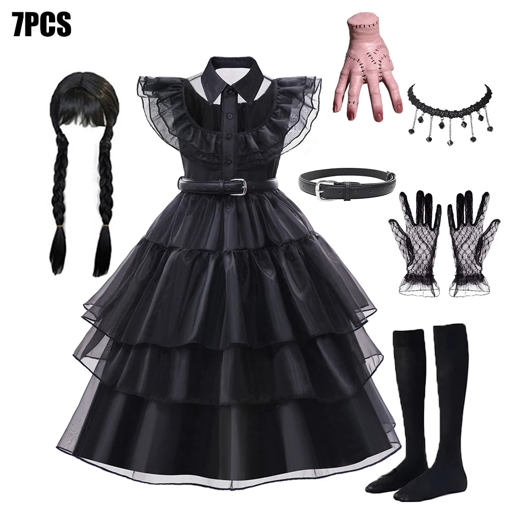Black Mesh Fluffy Gothic Dress for Girls - Wednesday Costume for Halloween and Dress-Up Parties