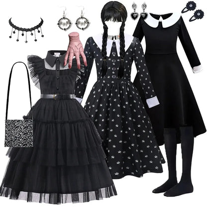 Black Mesh Fluffy Gothic Dress for Girls - Wednesday Costume for Halloween and Dress-Up Parties