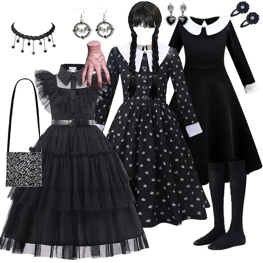 Black Mesh Fluffy Gothic Dress for Girls - Wednesday Costume for Halloween and Dress-Up Parties