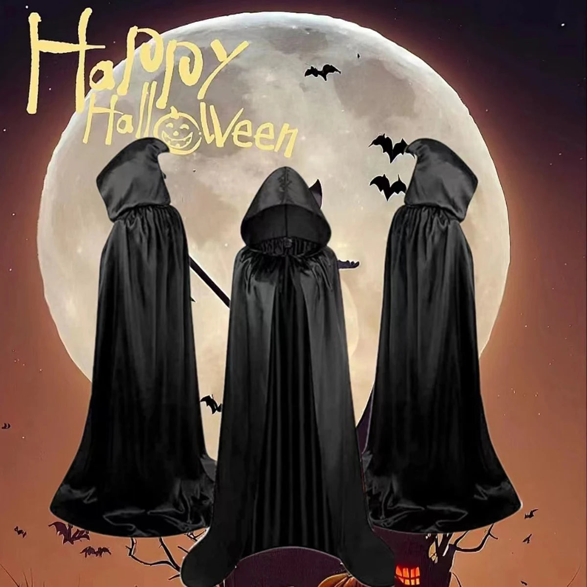Black Hooded Halloween Cloak – Vampire, Witch & Devil Costume for Kids, Perfect for Cosplay & Parties