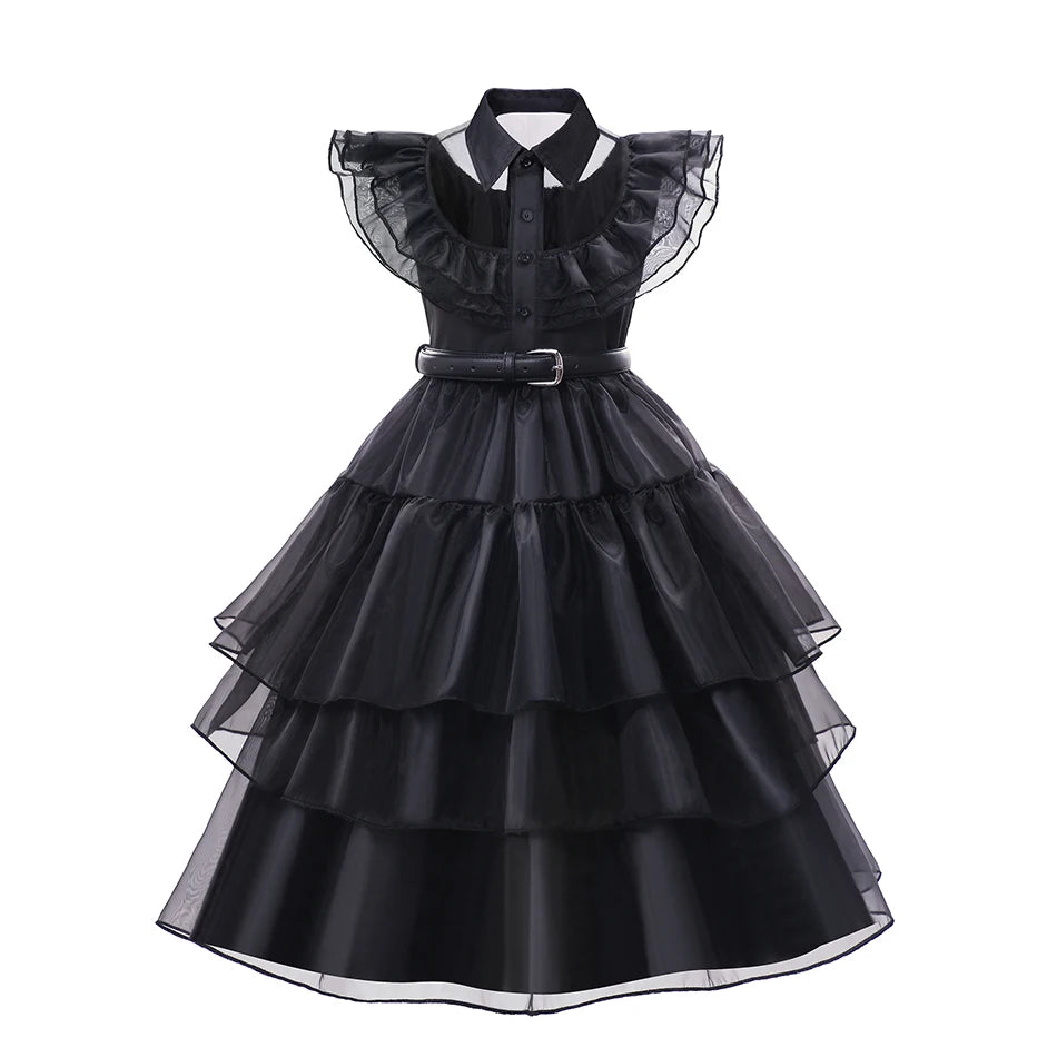 Black Mesh Fluffy Gothic Dress for Girls - Wednesday Costume for Halloween and Dress-Up Parties