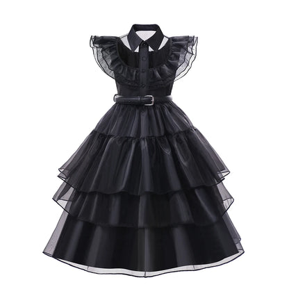 Black Mesh Fluffy Gothic Dress for Girls - Wednesday Costume for Halloween and Dress-Up Parties