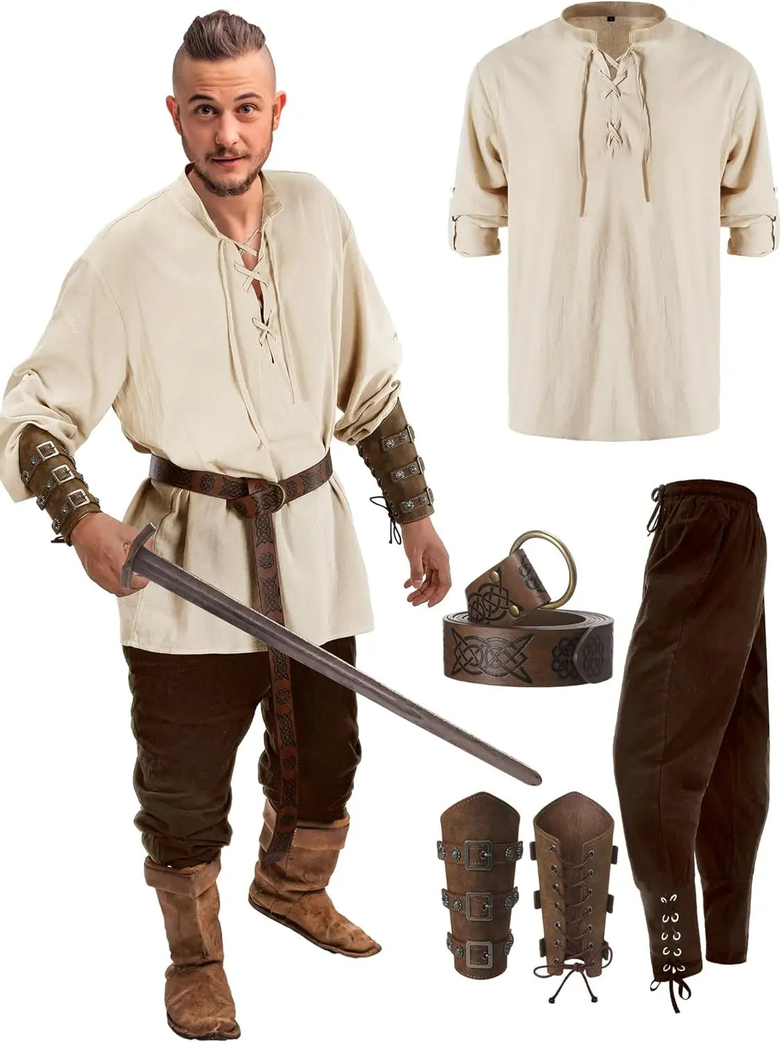 Men’s Viking Costume Set – 4 Pcs Medieval Warrior Outfit with Shirt, Pants & Belt Accessories