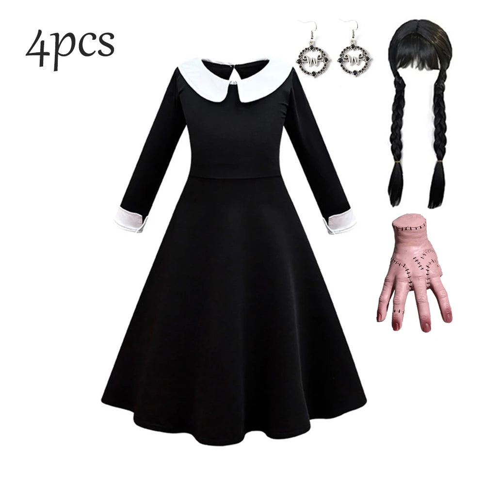 Black Mesh Fluffy Gothic Dress for Girls - Wednesday Costume for Halloween and Dress-Up Parties