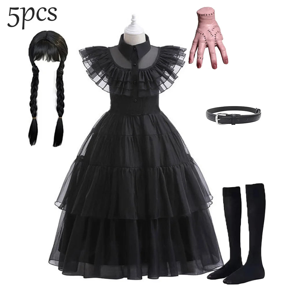 Black Mesh Fluffy Gothic Dress for Girls - Wednesday Costume for Halloween and Dress-Up Parties