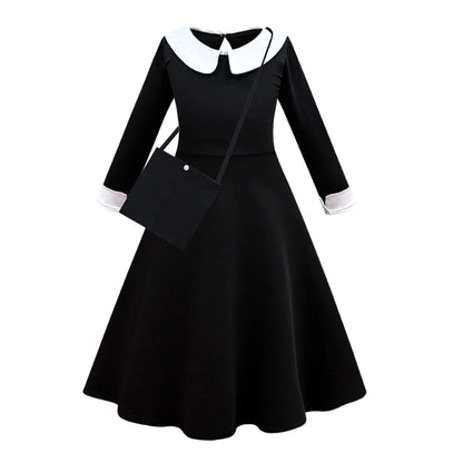 Black Mesh Fluffy Gothic Dress for Girls - Wednesday Costume for Halloween and Dress-Up Parties