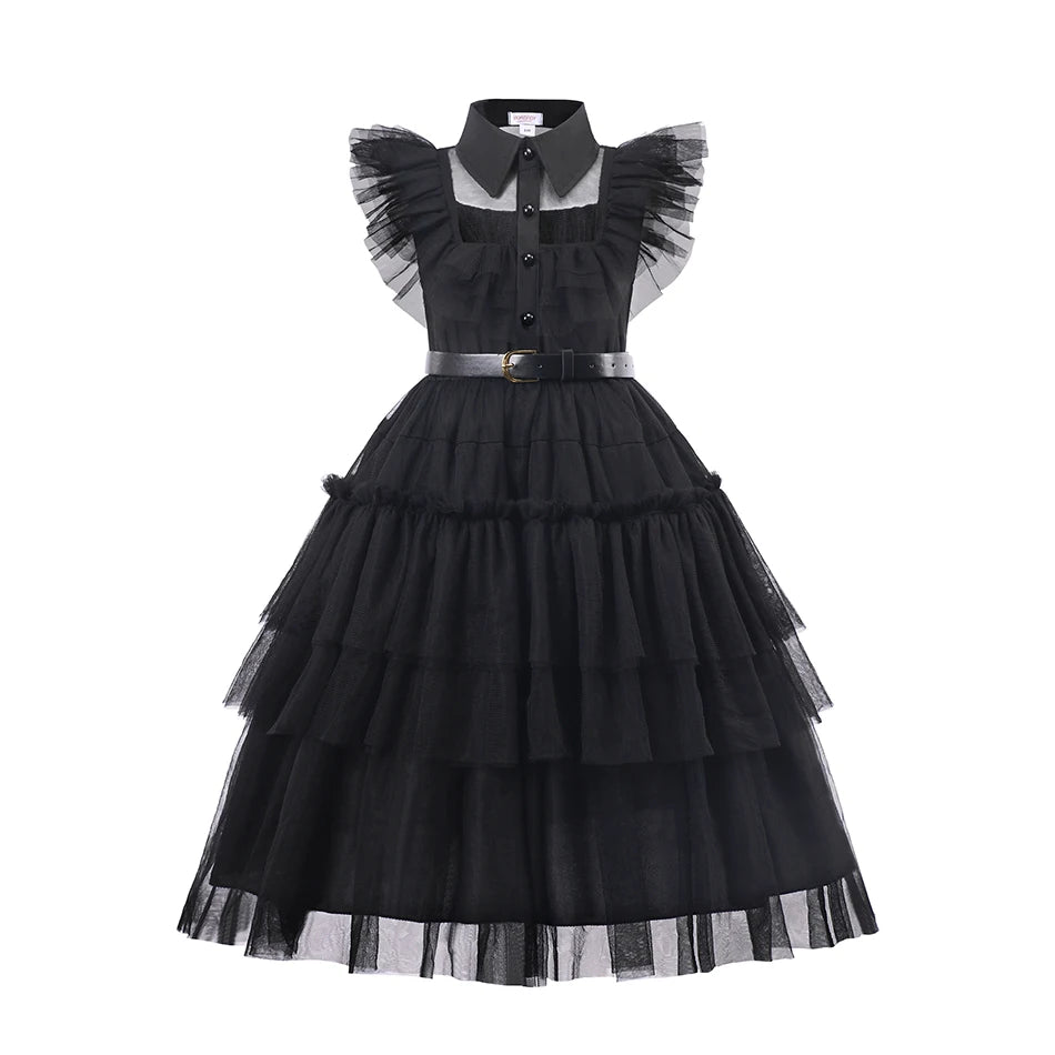 Black Mesh Fluffy Gothic Dress for Girls - Wednesday Costume for Halloween and Dress-Up Parties
