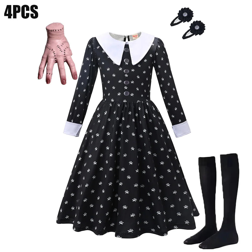 Black Mesh Fluffy Gothic Dress for Girls - Wednesday Costume for Halloween and Dress-Up Parties