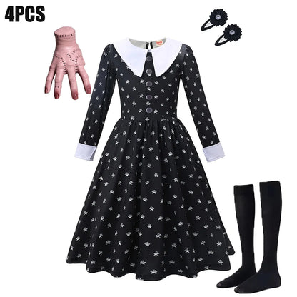 Black Mesh Fluffy Gothic Dress for Girls - Wednesday Costume for Halloween and Dress-Up Parties