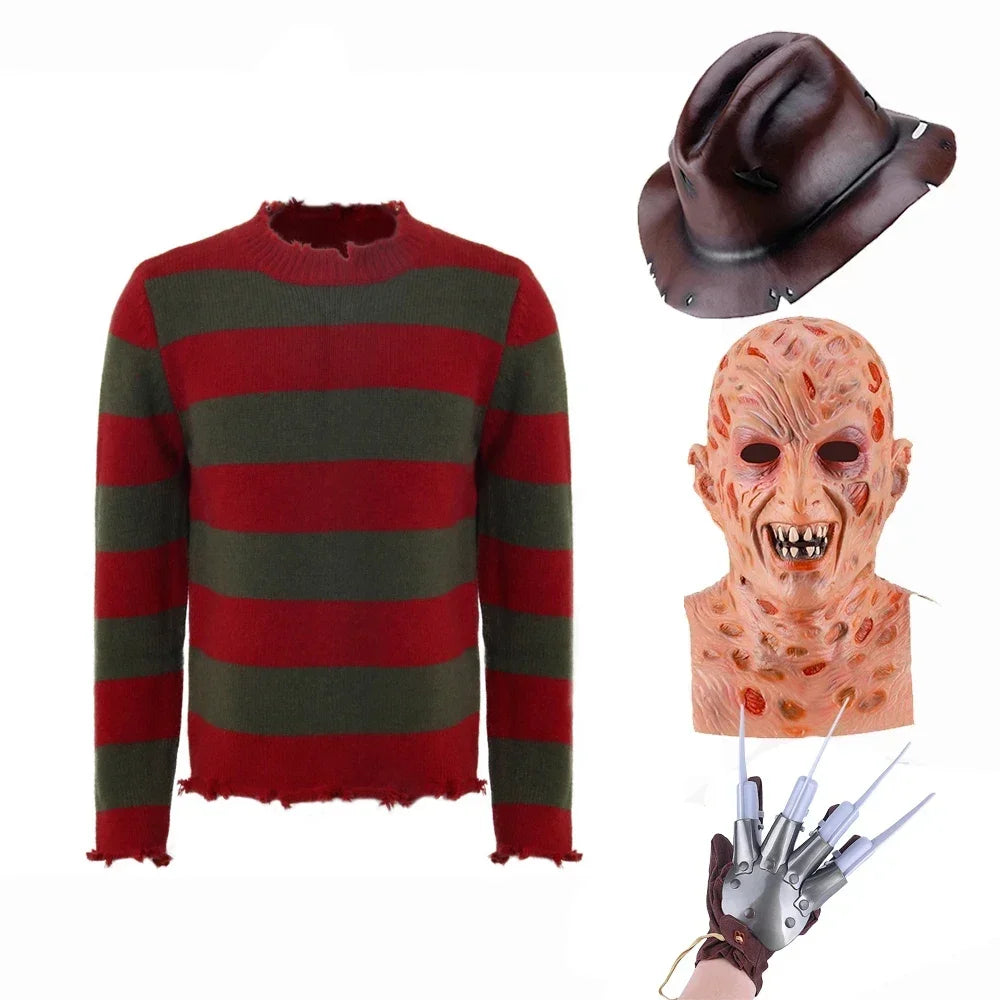 Freddy Krueger Costume for Adults – Red Striped Sweater, Hat & Mask Halloween Cosplay
