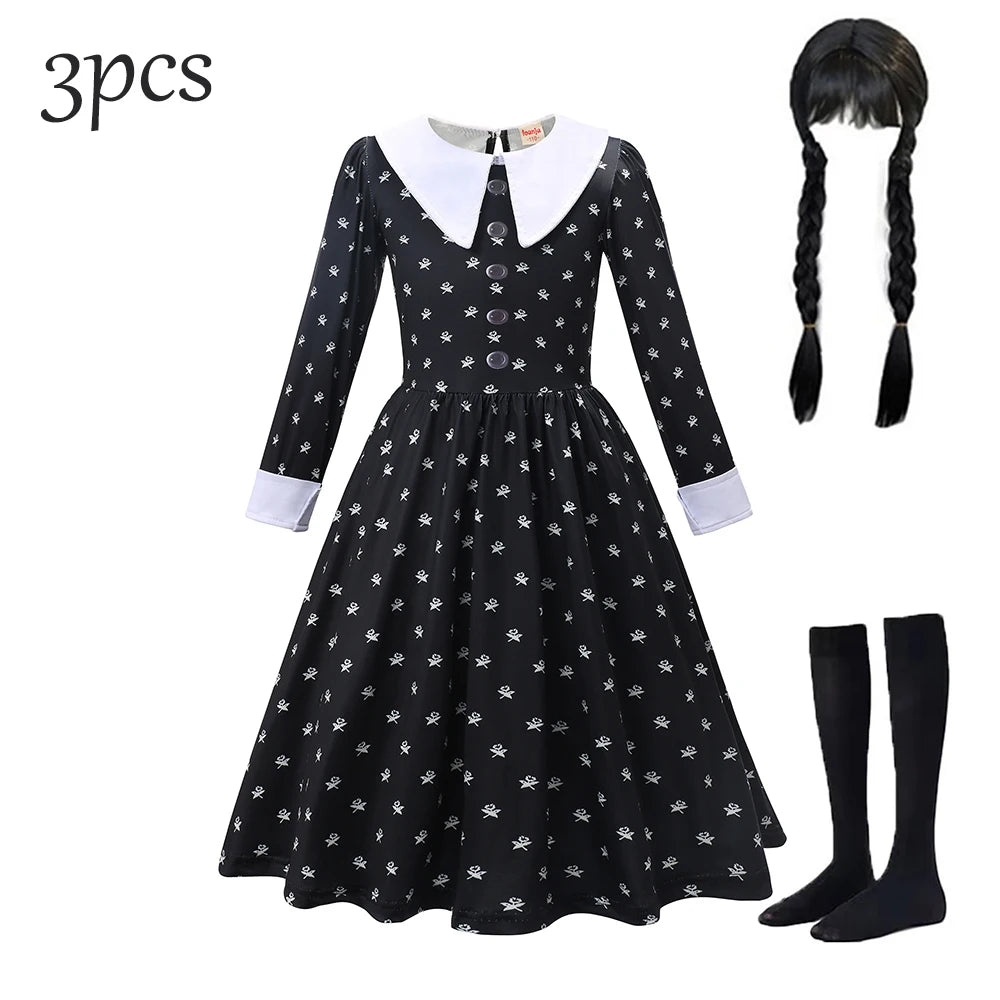 Black Mesh Fluffy Gothic Dress for Girls - Wednesday Costume for Halloween and Dress-Up Parties