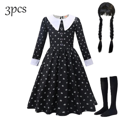 Black Mesh Fluffy Gothic Dress for Girls - Wednesday Costume for Halloween and Dress-Up Parties