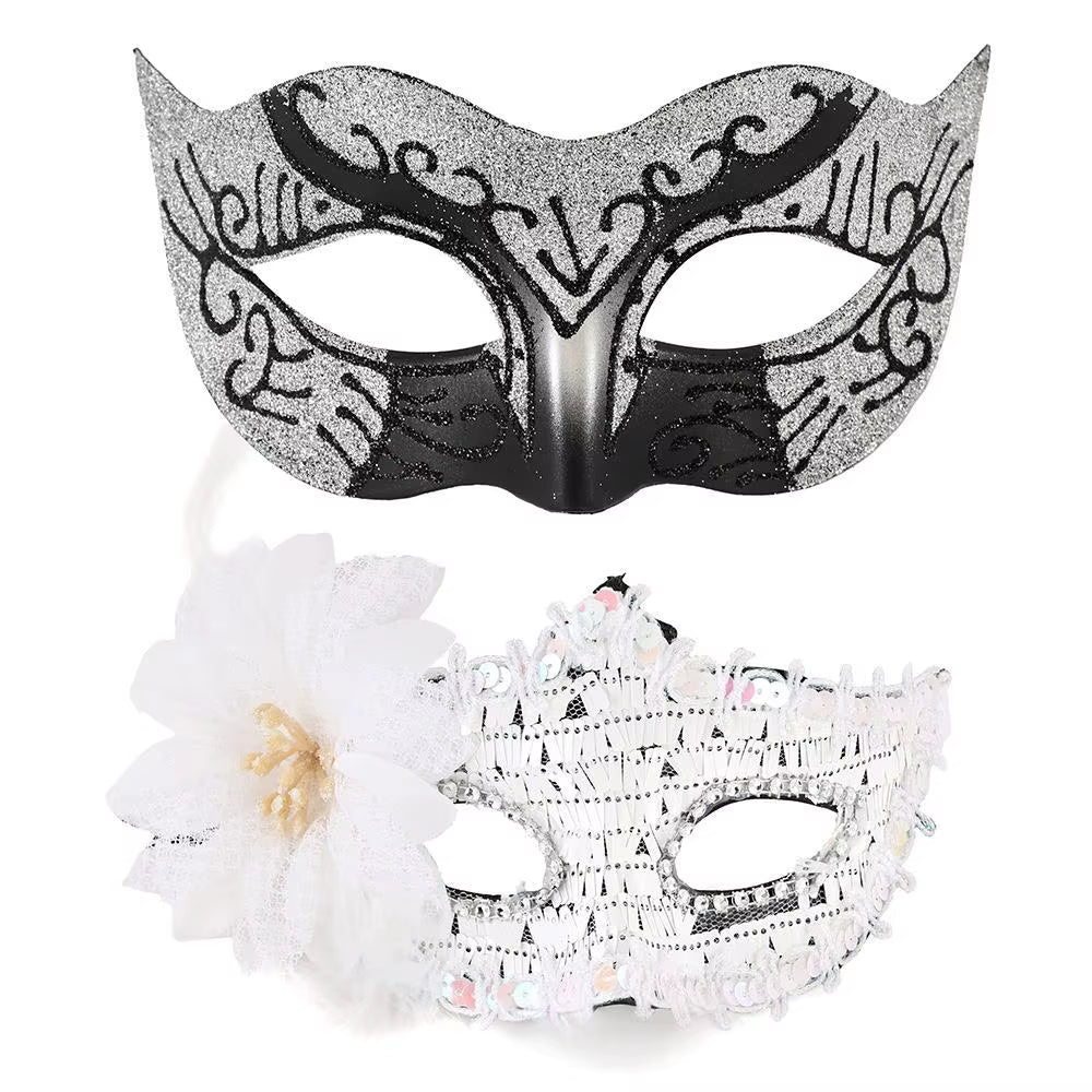 Elegant Feather Embroidered Venetian Couple Masks for Masquerade Parties - Adjustable Luxury Carnival & Wedding Costume Pair
