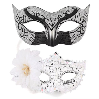Elegant Feather Embroidered Venetian Couple Masks for Masquerade Parties - Adjustable Luxury Carnival & Wedding Costume Pair