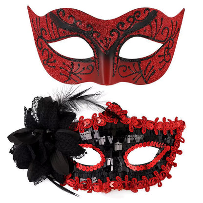 Elegant Feather Embroidered Venetian Couple Masks for Masquerade Parties - Adjustable Luxury Carnival & Wedding Costume Pair