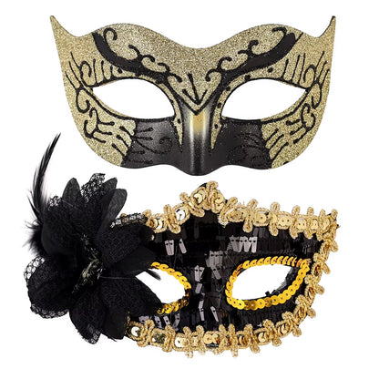 Elegant Feather Embroidered Venetian Couple Masks for Masquerade Parties - Adjustable Luxury Carnival & Wedding Costume Pair